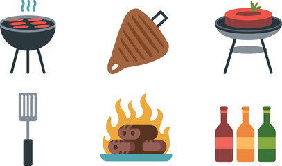 Illustrated barbecue scene with grill, steak, tomato, spatula, fire and bottles