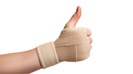 Hand with bandage shows thumbs up gesture isolated on transparent background