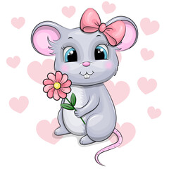 Cute Cartoon Gray Mouse with pink hair bow and flower. Vector Illustration with animal on white background with pink hearts.