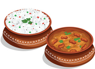 Indian Traditional Food Rajma Rice in Handi Vector Illustration