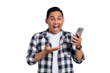 Shocked young man in checkered shirt looking at smartphone screen with surprised expression isolated on transparent background