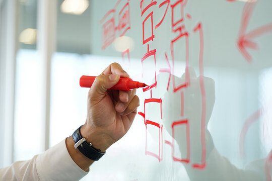 A person drawing a flowchart on a glass board with a red marker in an office