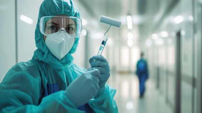 A female scientist in a protective suit holds a paint roller and syringe in a lab corridor.