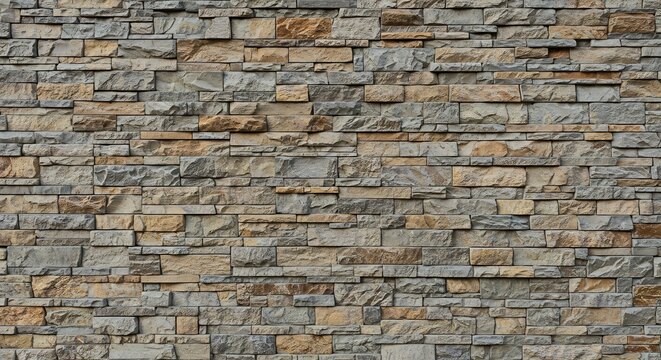 A textured wall of multisized natural stone blocks in shades of gray brown and beige creating a rugged pattern