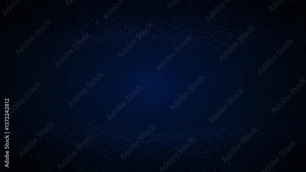 Poster a dark blue background features a subtle pattern of dots and geometric shapes