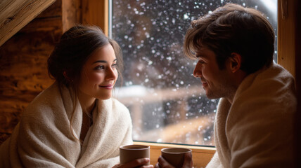 close up of young indian couple holding coffee cup together at home