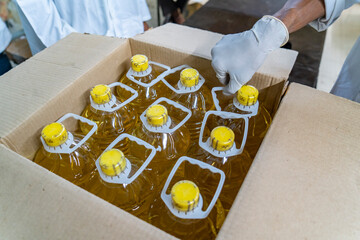Box of Cooking Oil Bottles Being Handled. Industrial production of sunflower oil. Conveyor line for...