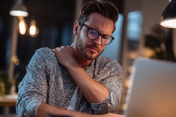 A young professional is working at a desk, experiencing neck pain from prolonged computer use. They are wearing glasses and a casual shirt with a denim jacket in a home office interior.