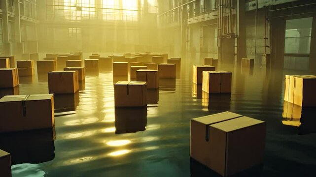 Cardboard boxes floating in a flooded industrial space