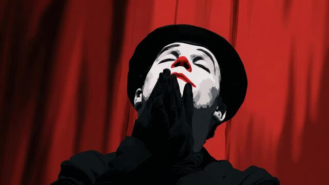 A mime artist performing in silence, spotlight centered, expressive face and gestures, red curtain background, flat vector style