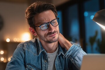 Obraz premium A young professional is working at a desk, experiencing neck pain from prolonged computer use. They are wearing glasses and a casual shirt with a denim jacket in a home office interior.