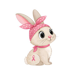 Cute Bunny Wearing Pink Bandana and Ribbon Badge to Make Happy for Breast Cancer Awareness