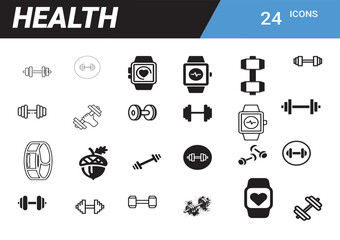 Health Icons: A comprehensive collection of 24 stylized health icons, illustrating fitness and wellness, suitable for design projects.