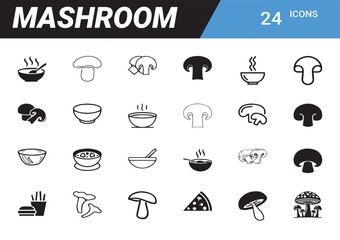 Mushroom Icon Collection: A comprehensive set of 24 meticulously crafted icons, capturing the essence of mushrooms in diverse forms, perfect for culinary, food, and design projects.