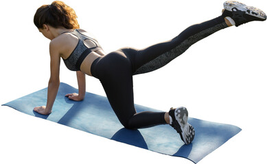 A young slim athletic girl in sportswear with snakeskin prints performs a set of exercises. Fitness...
