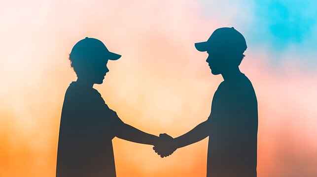 Two Boys Shaking Hands Silhouette Sunset - Powered by Adobe
