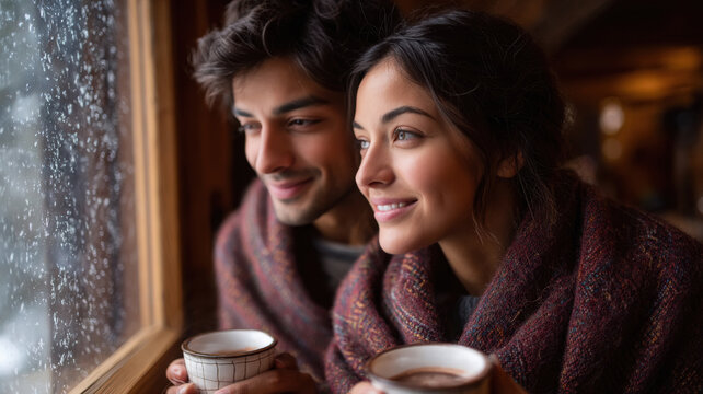 close up of young indian couple holding coffee cup together at home - Powered by Adobe