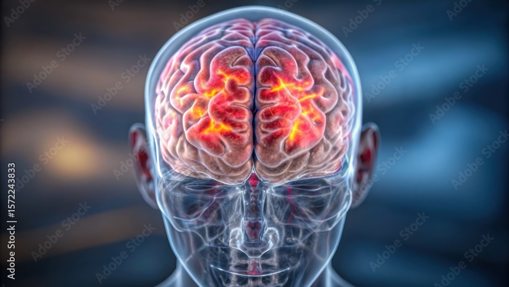 Poster syphilis digital rendering of a human head showcasing a glowing brain, highlighting neural activity 