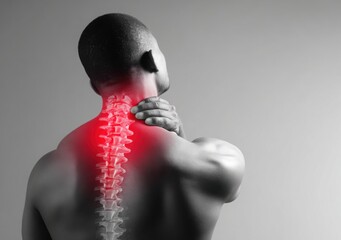 Black and white photograph of a man with neck pain. The muscles on his back are highlighted in red, isolated against a grey background.