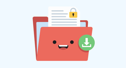 Cute Secured Folder with Download Icon.  Cute red folder with a smiling face, padlock on a document, and download icon.