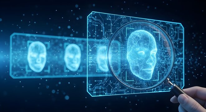 A hand holding a magnifying glass examining a digital face, representing facial recognition technology.