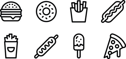 Collection of fast food icons including burger donut fries hotdog and pizza slice