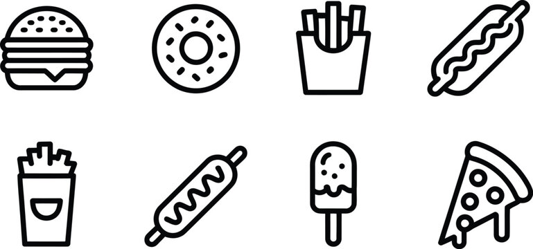 Collection of fast food icons including burger donut fries hotdog and pizza slice