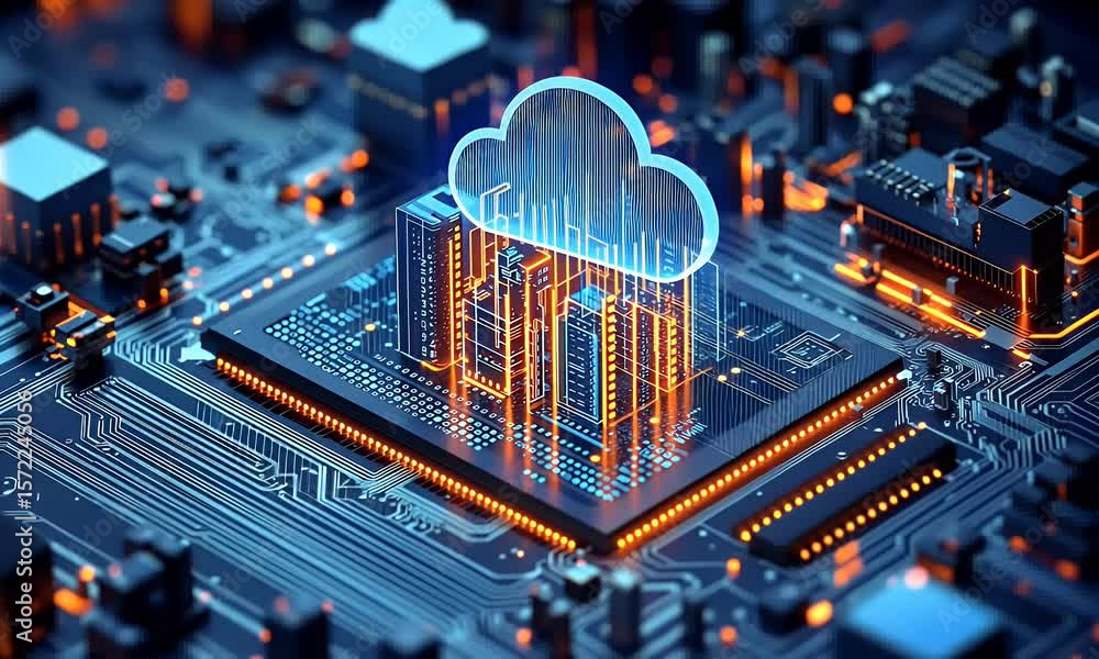 Poster a cloud icon is displayed on the chip, with an abstract building in blue and orange tones. the backg