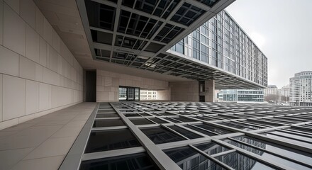 Modern building's architectural detail showcasing a suspended structure and glass-paneled floor.