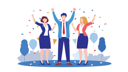 Celebrating team with confetti and balloons shows a successful business achievement and teamwork spirit