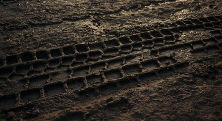Closeup of a distinct rectangular tire track impression in dark wet textured mud under natural light