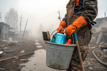 Cleanup Worker in Foggy Village Street After Natural Disaster