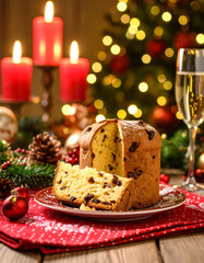 Panetone tradicional italiano fatiado em um prato festivo com fundo de luz de velas.