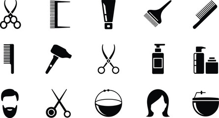 Obraz premium Assorted black silhouette icons of barber and salon equipment on white background