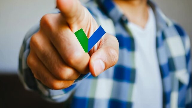 Close-up of a hand pointing with a check mark graphic