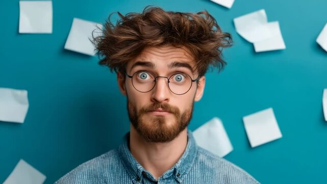 Stressed man with messy hair and surprised expression surrounded by paper notes