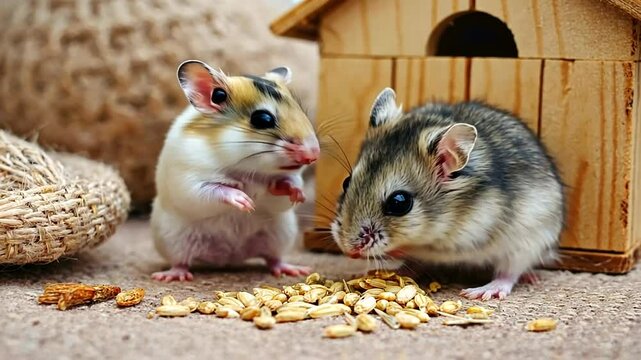 Two adorable hamsters interacting near a wooden house, surrounded by scattered food on a cozy surface