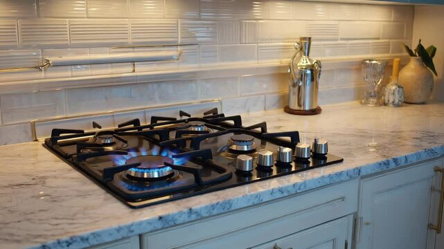 Modern gas stove with blue flames on marble kitchen countertop  