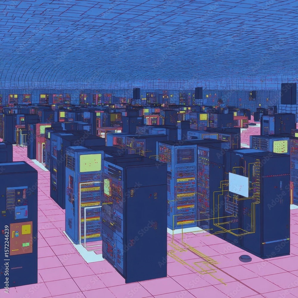Poster digital rendering of a large server room interior.