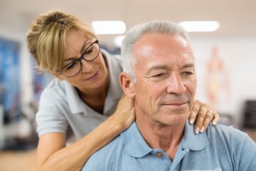 Physical therapist treating a patient, with neck therapy in a clinic office.