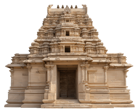 Ancient Hindu temple gopuram entrance with intricate stone carvings, isolated on transparency background, traditional Indian architecture, spiritual and cultural heritage - Powered by Adobe