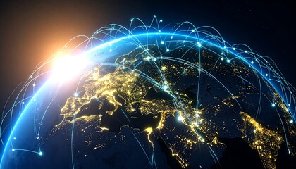 Global network, Earth at night, illuminated continents, connecting lines