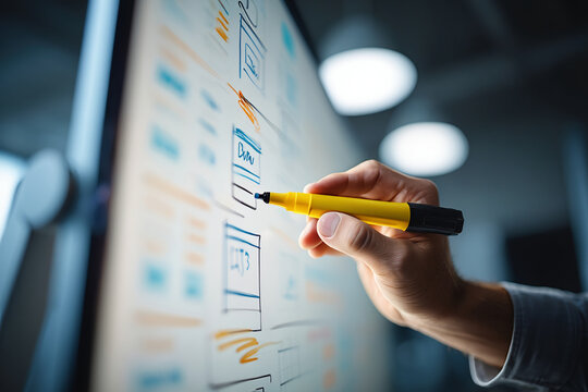 Hand drawing interface elements on whiteboard with yellow marker close up view