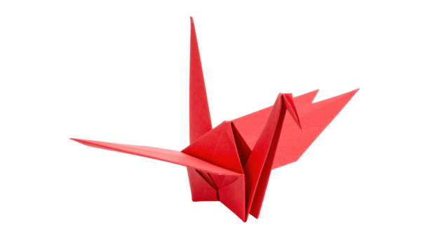 Red origami crane isolated on transparent background