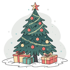 a christmas tree with ornaments and presents, detailed, vibrant, colorful, digital illustration, whimsical, christmas, holiday, gifts, winter
