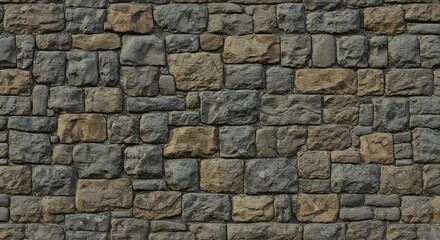 Obraz premium Closeup of an old rustic stone wall made of rough irregularly shaped gray and brown stones tightly fitted