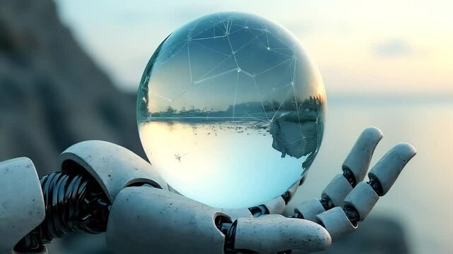 A robotic hand gently holds a transparent sphere rotating with the landscape inside, flooded with ambient light. The concept of artificial intelligence and universal harmony