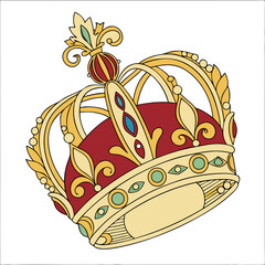 An ornate, golden crown with intricate floral patterns, adorned with precious gems, set against a deep red background.

