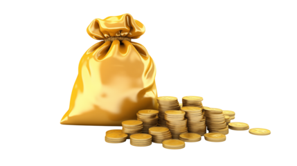 Gold sack with shiny coins scattered  isolated on transparent background suggests wealth and abundance