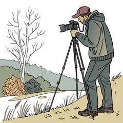 a man holding a camera on a tripod, in a natural landscape with trees, bushes, and rocks, detailed digital illustration, highly realistic, cinematic, 8k, hyperrealistic
